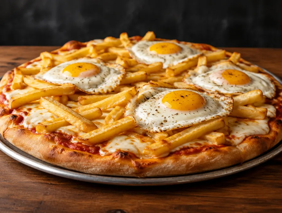 Pizza con fritas y huevos de Burger Dorf, hamburguesería en San Pedro